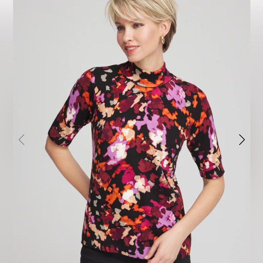 Chico’s NEW Ella Black Floral Mockneck Pullover Painterly Ribbed Knit Sweater
